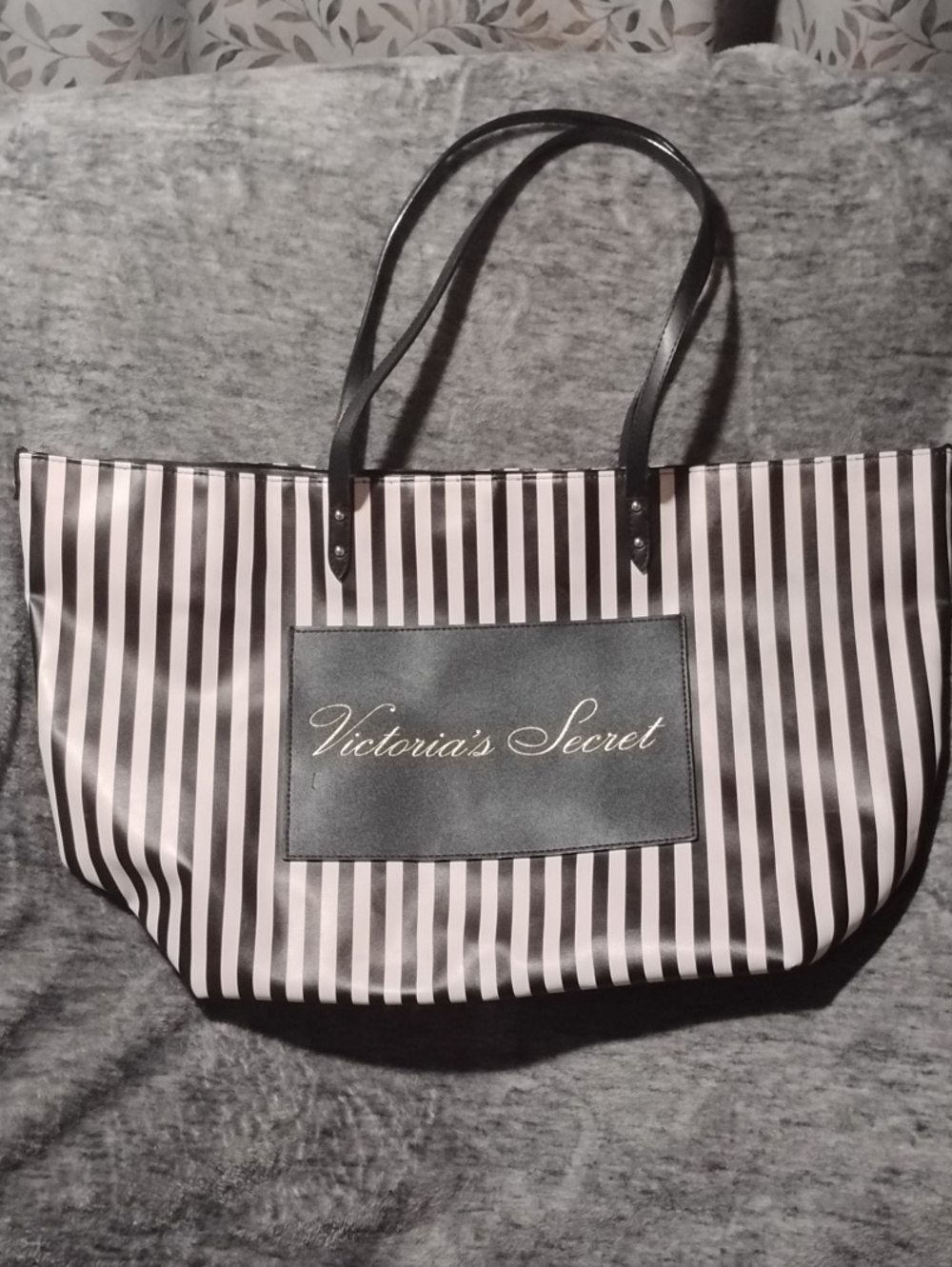 Victoria's Secret Black & White Striped Tote with Logo Patch - NW0T